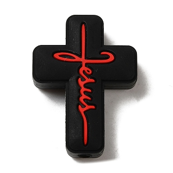 Silicone Beads, Cross with Word Jesus, Black, 30x22x8mm, Hole: 2.5mm