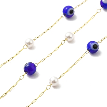 Ion Plating(IP) 316 Surgical Stainless Steel Paperclip Chains, Evil Eye and Glass Pearl Beaded Chain, Soldered, with Spool, Real 18K Gold Plated, Link: 3x1x0.3mm, Round: 3mm, Evil Eye: 4mm