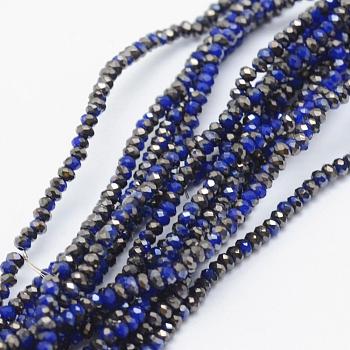 Electroplate Opaque Glass Beads Strands, Half Plated, Faceted, Rondelle, Royal Blue, 2.5x1.5mm, Hole: 0.5mm, about 197~201pcs/strand, 11 inch(28cm)