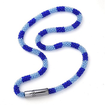 Glass Crochet Beaded Necklace, Fashion Nepal Necklace with Alloy Magnetic Clasps, Medium Blue, 17.87 inch(45.4cm)