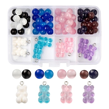 DIY Jewelry Making Finding Kit, Including Cat Eye Round Beads and Bear Resin Pendants, Mixed Color, 72pcs/box