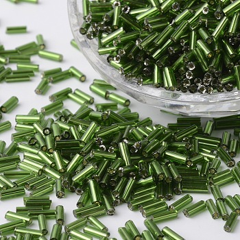 Silver Lined Glass Bugle Beads, Round Hole, Green, 6~7x1.5~2mm, Hole: 0.5mm, about 12500pcs/bag