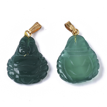 Natural Agate Pendants, with Golden Plated Metal(Brass or Iron Materials Random Delivery) Snap On Bails, for Buddhist, Dyed, Maitreya, Dark Cyan, 25.5x18.5x5mm, Hole: 2x5mm