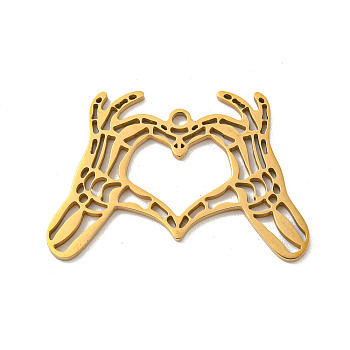 304 Stainless Steel Pendants, Laser Cut, Heart with Hand Charm, Real 18K Gold Plated, 24x35x1.5mm, Hole: 1.8mm