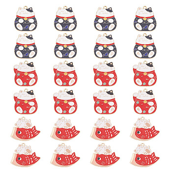 24Pcs 3 Style Alloy Enamel Pendants, Lucky Cat & Fish with Cat, Light Gold, Mixed Color, 29~30x26~29x1mm, Hole: 2mm, 8pcs/style