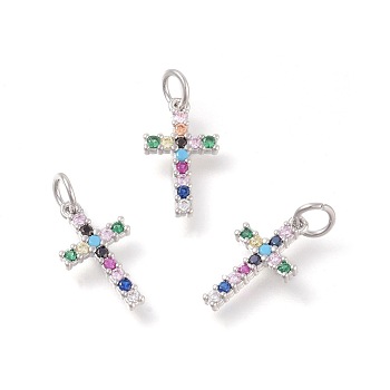 Brass Micro Pave Cubic Zirconia Pendants, Cross, Colorful, Platinum, 16x9x2mm, Hole: 3mm