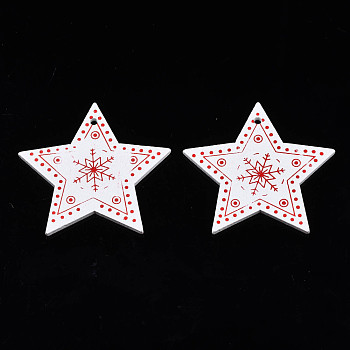 Christmas Theme Spray Painted Wood Pendants, Single-Sided Printed, Star with Snowflake, White, 47x49x2.5mm, Hole: 2mm