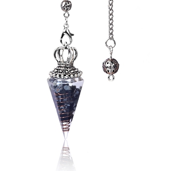 Natural Snowflake Obsidian Chip & Resin Dowsing Pendulum Big Pendants, with Platinum Plated Metal Crown, Cone Charm, 300mm