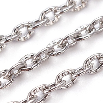 Iron Cable Chains, Textured, Unwelded, Oval, Platinum Color, 3x2x0.6mm