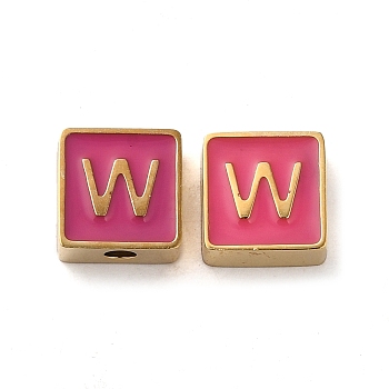 304 Stainless Steel Enamel Beads, Real 14K Gold Plated, Square with Letter, Letter W, 8x8x4mm, Hole: 2mm