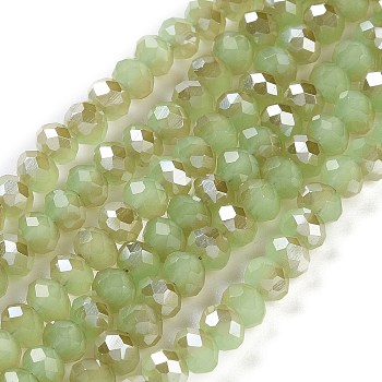 Electroplate Glass Beads Strands, Imitation Jade Beads, Half Plated, Rainbow Plated, Faceted, Rondelle, Yellow Green, 4x3mm, Hole: 0.4mm, about 123~127pcs/strand, 16.5~16.9 inch(42~43cm)