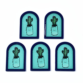 Printed Acrylic Pendants, with Glitter Powder, Half Oval with Cactus, Turquoise, 40x25.5x2.5mm, Hole: 1.5mm