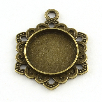 Tibetan Style Alloy Hexagon Pendant Cabochon Settings, Cadmium Free & Nickel Free & Lead Free, Antique Bronze, Flat Round Tray: 16mm, 30.5x23.5x3mm, Hole: 2.5mm, about 314pcs/1000g