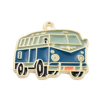 Alloy Enamel Pendants, Cadmium Free & Lead Free, Golden, Bus Charm, Marine Blue, 20x25x1mm, Hole: 1.6mm