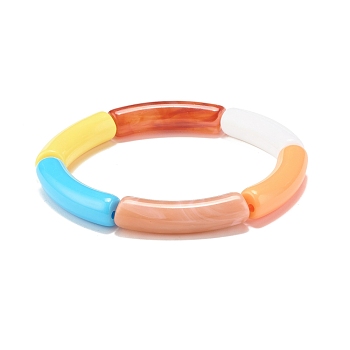Acrylic Curved Tube Beaded Stretch Bracelet, Chunky Bracelet for Women, Yellow, Inner Diameter: 2-1/8 inch(5.3cm)