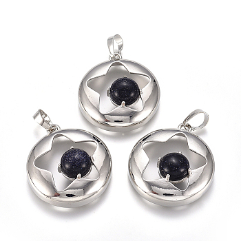 Synthetic Blue Goldstone Pendants, with Platinum Tone Brass Findings, Flat Round with Star, 31.5x28x10.5mm, Hole: 4.5x7.5mm