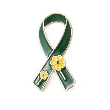 Awareness Ribbon with Flower Enamel Pins, Alloy Brooches for The Disabled, Green, 44x23mm