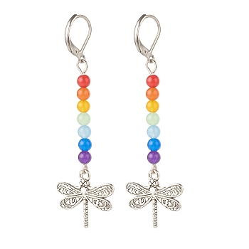 Natural Malaysia Jade with Alloy Dragonfly Long Dangle Leverback Earrings, 7 Chakra Gemstone Jewelry for Women, Antique Silver, 69mm, Pin: 0.6mm