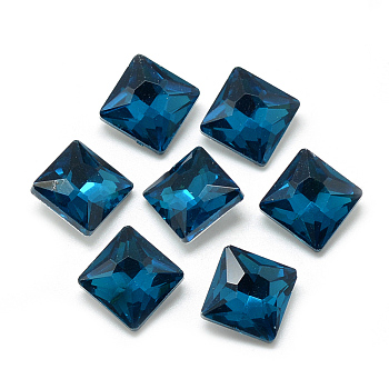 Pointed Back Glass Rhinestone Cabochons, Back Plated, Faceted, Square, Teal, 8x8x3.5mm