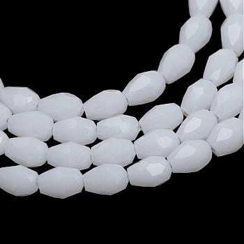 Opaque Solid Glass Bead Strands, Faceted Teardrop, White, 5x3mm, Hole: 1mm, about 100pcs/strand, 19.3 inch
