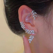 Alloy Rhinestone Cuff Earrings, Leaf, Platinum, 70x35mm(FS-WGFB378-13)