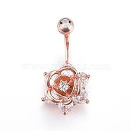 Piercing Jewelry, Brass Cubic Zirciona Navel Ring, Belly Rings, with 304 Stainless Steel Bar, Rose, Rose Gold, 27x14mm, Bar: 15 Gauge(1.5mm), Bar Length: 3/8"(10mm)(AJEW-EE0006-94RG)