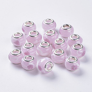 Handmade Lampwork European Beads, Large Hole Beads, with Silver Color Plated Brass Double Cores, Inner Flower Lampwork, Rondelle, Plum, 14x11mm, Hole: 5mm(LAMP-S193-009I)