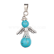Synthetic Turquoise Pendants, with Rhinestone and Tibetan Style Alloy Findings, Angel, 38~39x19.5~21x11.5~12mm, Hole: 3.5x8mm(PALLOY-F251-02AS)