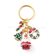 Baking Painted Brass Bell Father Christmas Keychain for Christmas, with Iron Split Key Rings and Alloy Enamel Pendants, Colorful, Golden, 7.5cm(KEYC-JKC00246)