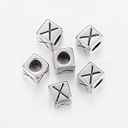 304 Stainless Steel Large Hole Letter European Beads, Cube with Letter.X, Antique Silver, 8x8x8mm, Hole: 5mm(STAS-H428-01AS-X)