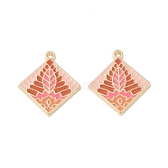 Rack Plating Alloy Enamel Pendants, Rhombus with Leaf Charm, Cadmium Free & Nickel Free & Lead Free, Pink, 28x25x2mm, Hole: 1.5mm(FIND-I038-04E)