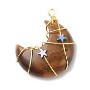 Natural Tiger Eye Copper Wire Wrapped Pendants, with Electroplate Non-magnetic Star Synthetic Hematite, Golden, Moon, 41~43x35x11mm, Hole: 3~3.5mm(PALLOY-JF01639-02)