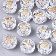 Transparent Clear Acrylic Beads, with Glitter Powder, Horizontal Hole, Flat Round with Random Letters, Gold, 10x6mm, Hole: 2mm(X-TACR-S150-02B-06)