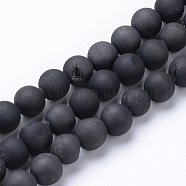 Electroplated Natural Druzy Geode Agate Bead Strands, Matte Style, Round, Black Plated, 8~9mm, Hole: 1mm, about 46pcs/strand, 15.3 inch(X-G-R345-8mm-53)