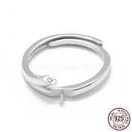 Adjustable Rhodium Plated 925 Sterling Silver Finger Ring Components, For Half Drilled Beads, with Cubic Zirconia, Clear, Platinum, Size 6, 16mm, Pin: 0.85mm(STER-L055-021P)