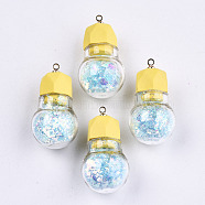 Opaque Resin Pendants, with Glitter Powder and Glass and Light Gold Brass Cup Pearl Peg Bails Pin Pendants, Bulb, Yellow, 29.6x16mm, Hole: 1.5mm(RESI-T051-06B)