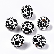 Printed Natural Wooden Beads, Round with Cow Pattern, Black, 10x9mm, Hole: 2.5mm(X-WOOD-R270-07A)