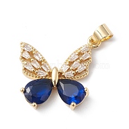 Rack Plating Brass Micro Pave Clear Cubic Zirconia Pendants, with Glass, Lead Free & Cadmium Free, Long-Lasting Plated, Real 18K Gold Plated, Butterfly Charm, Blue, 24x22x4mm, Hole: 5x3mm(KK-H434-30G-B)