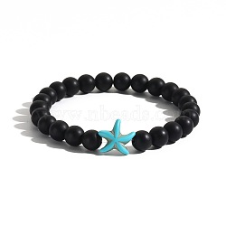 Men's Yoga Jewelry, Frosted Natural Black Obsidian Round Beads Stretch Bracelets, Starfish, Dark Turquoise(BK0782-5)