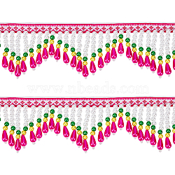 1M Ethnic Style Polyester Ribbons, with Colorful Plastic Beads Tassel, Curtain Decoration, Costume Accessories, Magenta, 2-7/8 inch(74mm), about 1.09 Yards(1m)/Box(OCOR-CA0001-14)