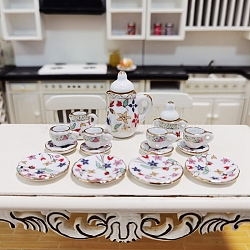 Mini Ceramic Tea Sets, including Teacup, Saucer, Teapot, Cream Pitcher, Sugar Bowl, Miniature Ornaments, Micro Landscape Garden Dollhouse Accessories, Pretending Prop Decorations, Flower Pattern, 15pcs/set(BOTT-PW0002-122B)