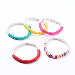 Stretch Bracelets, with Handmade Polymer Clay Heishi Beads, Natural Sea Shell Beads and Brass Spacer Beads, Mixed Color, 2-1/8 inch(5.5cm)(X-BJEW-JB05082)