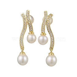 Natural Pearl Ear Studs, with Sterling Silver Micro Pave Clear Cubic Zirconia Findings, Real 18K Gold Plated, 28.5x9mm(EJEW-P286-46G)