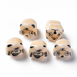 Handmade Porcelain Beads, Famille Rose Style, Tiger, Blanched Almond, about 12x10.5x11mm, Hole: 1.8mm(PORC-T007-20C)