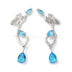 Sky Blue Cubic Zirconia Butterfly with Teardrop Dangle Sutd Earring, Brass Jewelry for Women, Cadmium Free & Nickel Free & Lead Free, Platinum, 42x18mm, Pin: 0.8mm(EJEW-H092-02P)