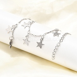 304 Stainless Steel Textured Link Bar Star Charm Tassel Necklaces, Non-Tarnish, Stainless Steel Color, 17.64 inch(44.8cm)(NJEW-R023-02P)