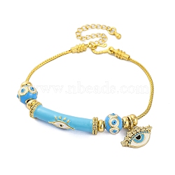 Brass European Bracelets, with Enamel Beads and Cubic Zirconia, Real 18K Gold Plated, Deep Sky Blue, 7-1/2 inch(19cm)(BJEW-C080-02G-04)