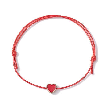 Alloy Enamel Heart Braided Bead Bracelet, Waxed Polyester Cords Adjustable Bracelet, Red, Inner Diameter: 3-3/8 inch(8.5cm)