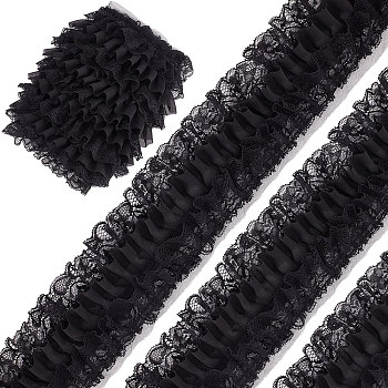 5 Yards 3-Layer Pleated Polyester Chiffon Lace Trim, for Costume Decoration, Black, 4 inch(100mm)