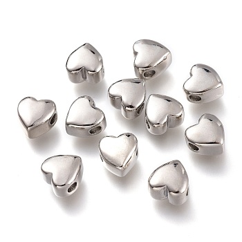Brass Beads, Long-Lasting Plated, Heart, Platinum, 8x7.5x5mm, Hole: 2.6mm